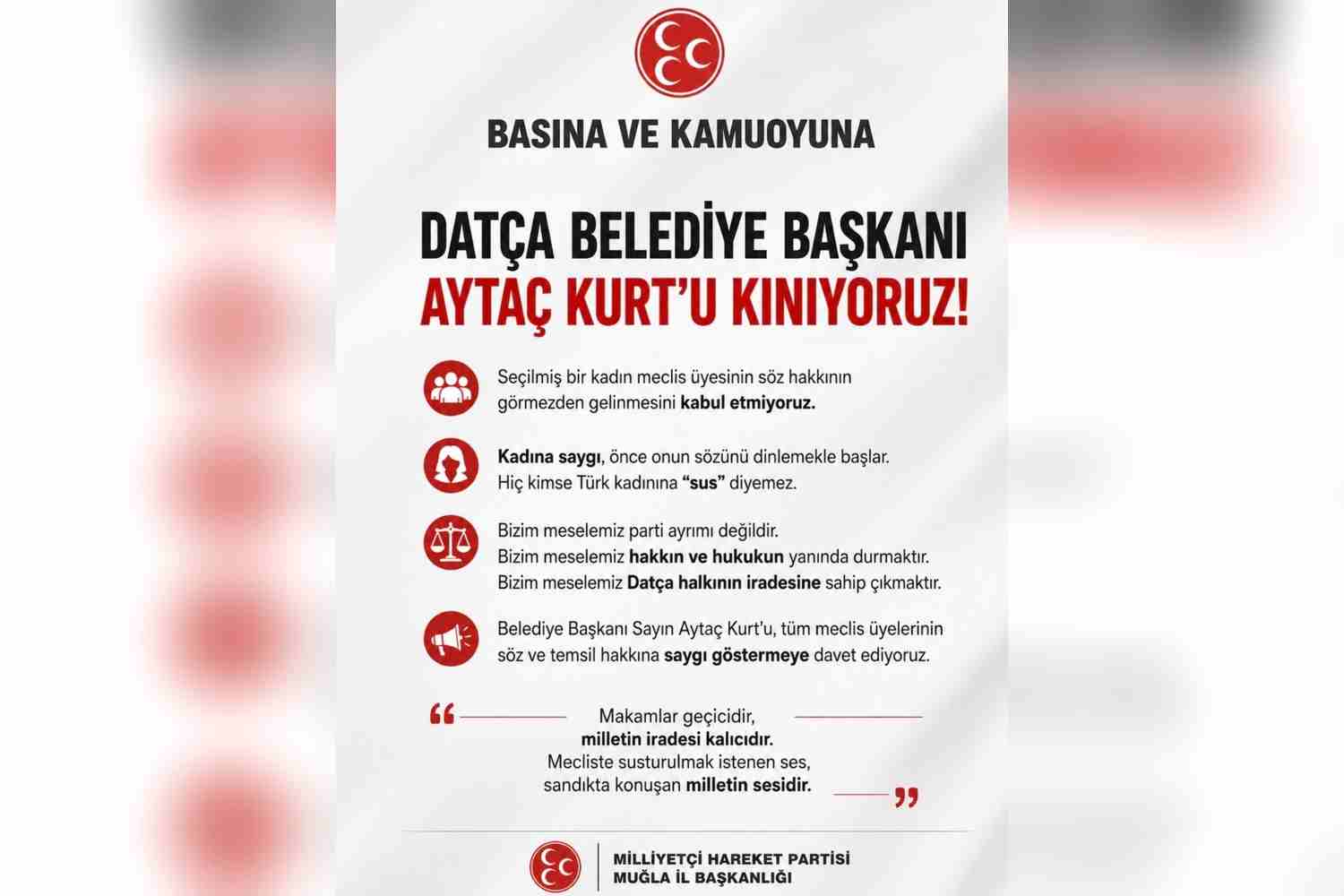 MHP Muğla’dan Datça Belediye Başkanı Aytaç Kurt’a Tepki: “Söz Hakkını Yok Sayamazsınız”